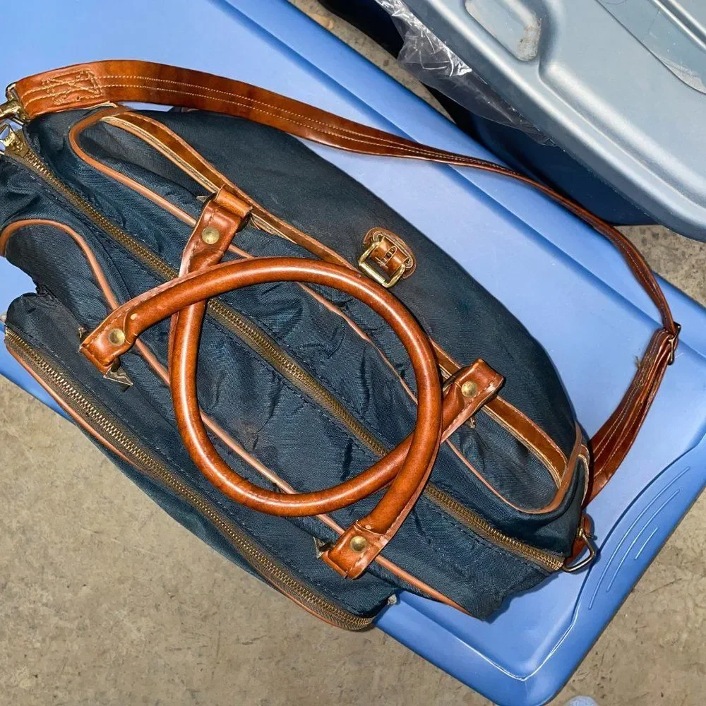 Vintage Overnight Bag canvas with leather trim navy and leather 17” x 11”